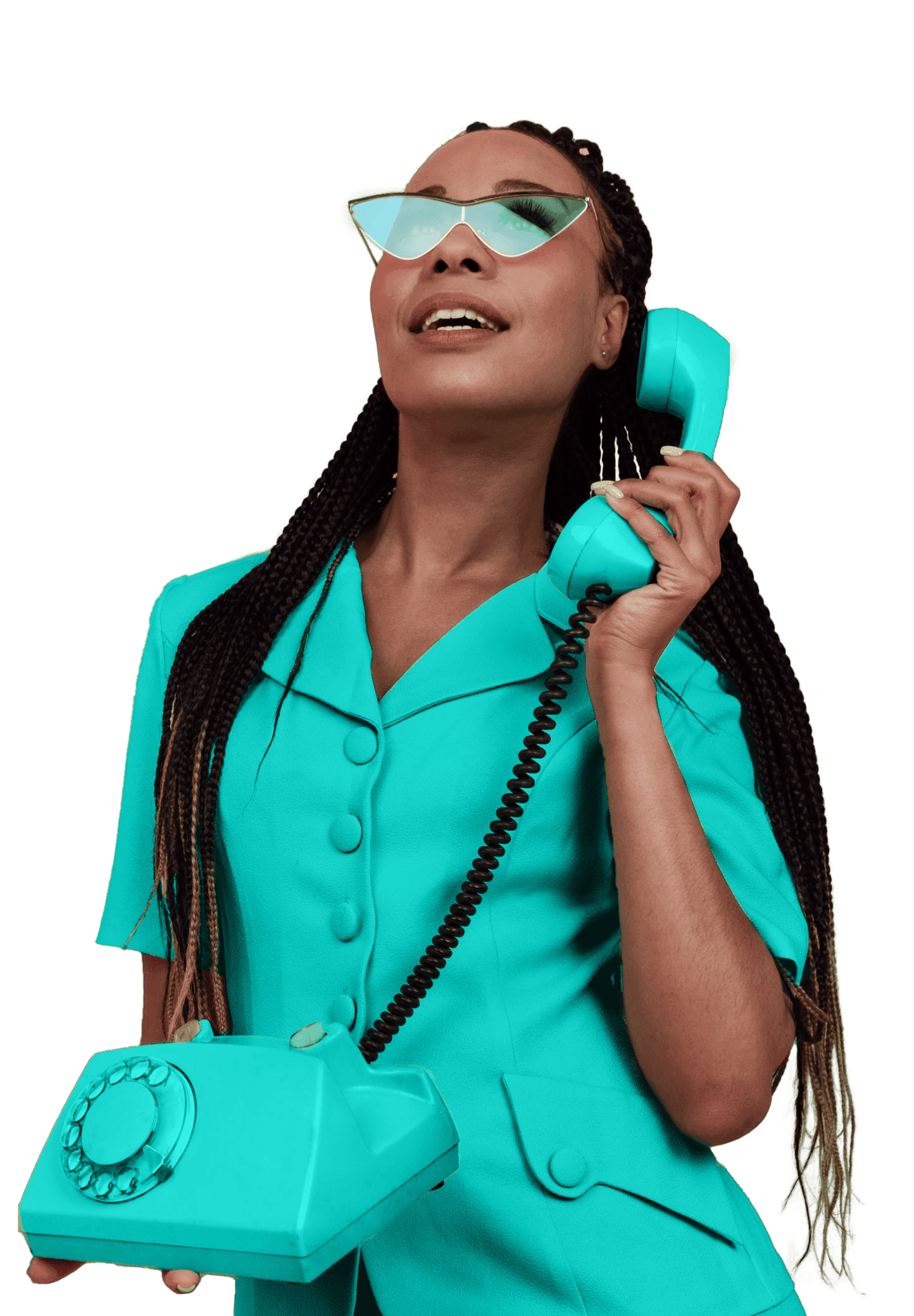Woman in turquoise outfit holding a vintage turquoise telephone, smiling while looking upwards, symbolising customer support and communication for MonieWorld services.